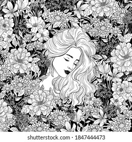 Portrait of beautiful woman with flowers. Black and white ink illustration.