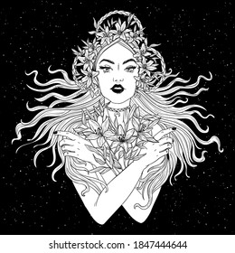 Portrait of beautiful woman with flowers. Black and white ink illustration.