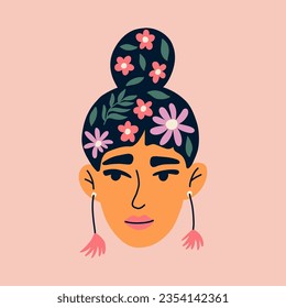 Portrait of beautiful woman with flowers in hair. Avatar of European female character isolated on background. Flat vector cartoon illustration.