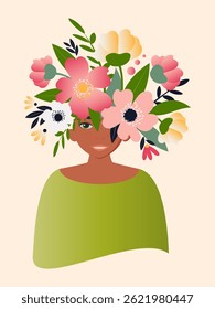 Portrait of a beautiful woman with flowers on her head on a light pink background for spring cards for Women's Spring Day. Vector.