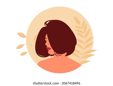 Portrait of a beautiful woman or girl in profile shoulder-length with thick voluminous hair and a bob haircut. Vector illustration.	