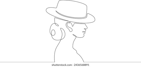 Retrato de una mujer hermosa en un sombrero. Perfil de moda de mujer. Una línea continua . Línea de arte. Una sola línea mínima. Fondo blanco. Dibujo de una línea.