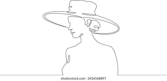 Portrait of a beautiful woman in a hat. Women's fashion profile. One continuous line . Line art. Minimal single line.White background. One line drawing.