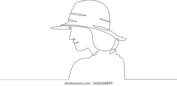 Portrait of a beautiful woman in a hat. Women's fashion profile. One continuous line . Line art. Minimal single line.White background. One line drawing.