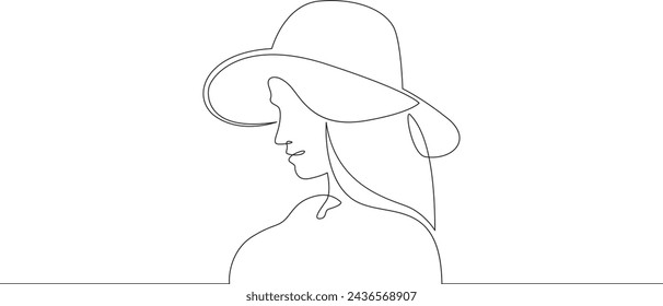 Portrait of a beautiful woman in a hat. Women's fashion profile. One continuous line . Line art. Minimal single line.White background. One line drawing.