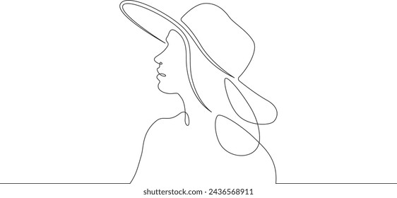 Portrait of a beautiful woman in a hat. Women's fashion profile. One continuous line . Line art. Minimal single line.White background. One line drawing.