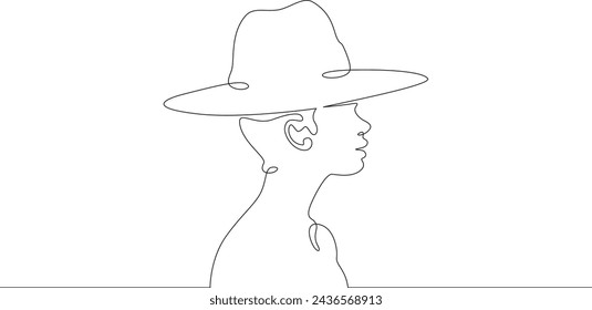 Portrait of a beautiful woman in a hat. Women's fashion profile. One continuous line . Line art. Minimal single line.White background. One line drawing.