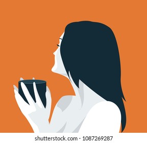 Portrait Of Beautiful Woman Holding Cup With Hot Beverage Vector Illustration