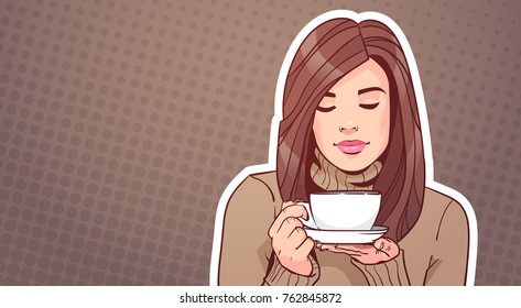 Portrait Of Beautiful Woman Holding Cup With Hot Beverage Over Vintage Pop Art Background Vector Illustration