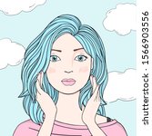 Portrait of a beautiful woman with long blue hair against the sky with clouds. A woman touches her hair with her hands. Colorful vector illustration in sketch style. Hand-drawn.