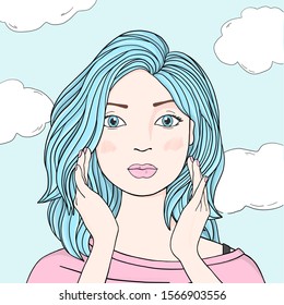 Portrait of a beautiful woman with long blue hair against the sky with clouds. A woman touches her hair with her hands. Colorful vector illustration in sketch style. Hand-drawn.