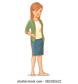 Portrait of beautiful woman with long brown hair. Young mother standing. Maternity. Mom.Vector illustration.