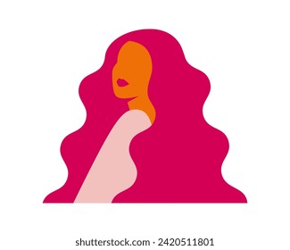 Retrato de mujer hermosa con largo peinado rizado. Silueta de una mujer con piel marrón y pelo rosado. Muchacha fuerte y valiente para el Día Internacional de la Mujer. Ilustración del vector