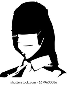 Portrait of a beautiful woman with long hair in a medical mask, standing in half-turn, in black color (monochrome).