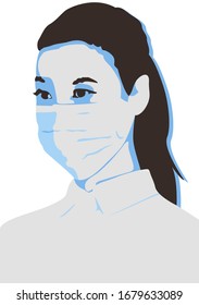 Portrait of a beautiful woman with long hair in a medical mask, standing in half-turn, in a blue brown and light color.