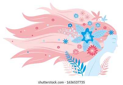 portrait of beautiful woman with long wavy hair decorated with flowers - vector blue and pink illustration