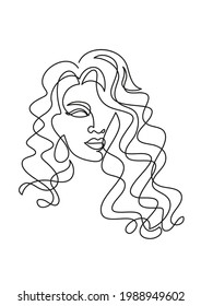 Portrait of a beautiful woman with long wavy hair. Beauty salon, hairdresser, stylist. Vector illustration, female portrait, face, line art, continuous line. Logo, symbol, icon, emblem, print, poster