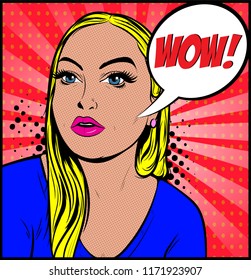 Portrait Of Beautiful Woman Looking Up. Surprised happy Girl looks hopeful in excitement, including WOW speech bubble. Comic book style vector, retro, vintage illustration.