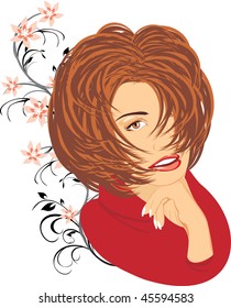 Portrait of beautiful woman on the background with floral ornament. Vector