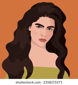 Portrait of a beautiful  woman on orange background. Avatar for social media. Diversity. Bright vector illustration in flat style.