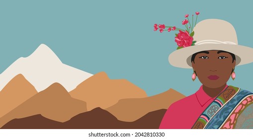 Portrait of a beautiful woman of Peru in a national costume on the background of a mountain landscape.Vector illustration.