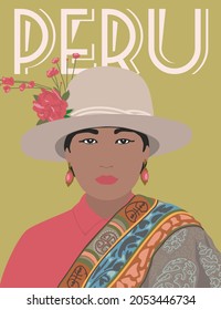 Retrato de una bella mujer de Perú con un traje nacional. Ilustración vectorial.