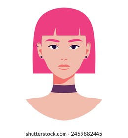 Porträt einer schönen Frau mit rosa Haar und Piercing. Volles Gesicht isoliert auf weißem Hintergrund. Avatar für soziale Medien. Vektorillustration