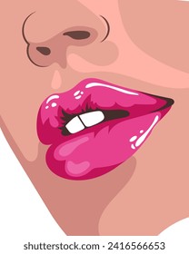 Retrato de una hermosa mujer con labios rosados. Logo de belleza. Concepto de moda y belleza. Arte mural. Vector