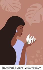 Portrait of a beautiful woman in profile with long hair with a white flower in her hand. Poster with an abstract girl. Vector graphics.