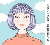 Portrait of a beautiful woman with purple hair and bangs on the background of the sky with clouds. Colorful vector illustration in sketch style. Hand-drawn.