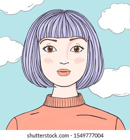 Portrait of a beautiful woman with purple hair and bangs on the background of the sky with clouds. Colorful vector illustration in sketch style. Hand-drawn.