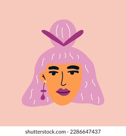 Portrait of a beautiful woman with purple hair and jewelry in her ears. Avatar of European female character isolated on background. Flat vector cartoon illustration. Avatar for social network.