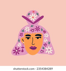 Portrait of a beautiful woman with purple hair and flowers. Avatar of European female character isolated on background. Flat vector cartoon illustration. Avatar for social network.