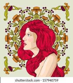 portrait of a beautiful woman with red hair on the floral background