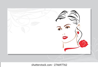 Portrait Of A Beautiful Woman With A Red Rose On Her Neck. Visit Card. Vector