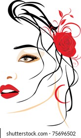 Portrait of beautiful woman with red rose in hair. Vector