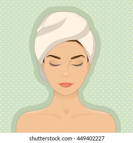 Portrait of beautiful woman relaxing, towel on her head, eyes closed. Cartoon cute style. Vector isolated with layers. Graphic design element for cosmetic, spa or beauty salon posters or flyers.