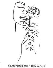 Portrait of beautiful woman with rose flower.  Line drawing. - Vector illustration.