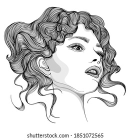 Portrait of beautiful woman with short hairstyles. Black and white style. Digital sketch hand drawing vector.