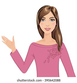 Portrait of beautiful woman. Beautiful woman showing something with her right hand.  Pretty lady wearing elegant pink shirt making presentation.