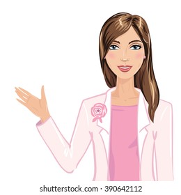 Portrait of beautiful woman. Beautiful woman showing something with her right hand.  Pretty lady wearing elegant pink suit making presentation. Elegant business lady isolated on white background.