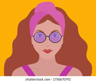 Portrait of a beautiful woman in sunglasses and a pink bandana. Bright vector summer modern illustration