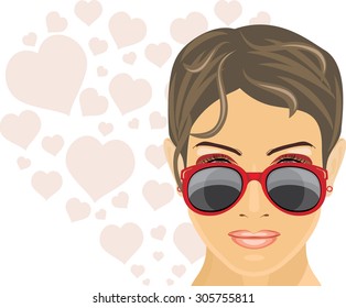 Portrait of a beautiful woman in trendy red sunglasses. Vector