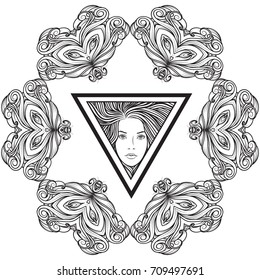 Portrait of a beautiful woman in a triangular frame. Rich round frame. Vector graphics. Sacred geometry.