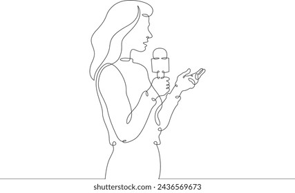 Portrait of a beautiful woman TV presenter. Journalist with a microphone in her hands. Reporter reporting.One continuous line .Line art.Minimal single line.White background.One line drawing.