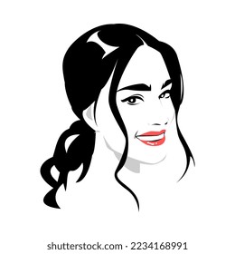 retrato de una hermosa mujer con cabello largo y largo. sonreír. labios rojos. vector de logotipo de silueta. blanco y negro. fondo blanco aislado.