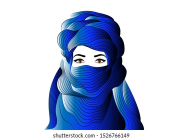 Portrait of beautiful woman wearing blue tuareg scarf. Young girl in national costume of african tribal nomads. Blue ethnic Turban and ancient clothes vector isolated or white background 