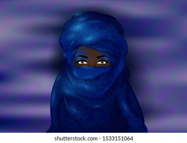 Portrait of beautiful woman wearing blue tuareg scarf. Young girl in national costume of African tribal nomads. Berber women’s in blue ethnic Turban and ancient clothes,  vector blue night background 