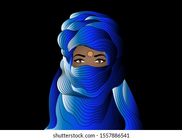 Portrait of beautiful woman wearing blue tuareg scarf. Young girl in national costume of African tribal nomads. Berber women’s in blue ethnic Turban and ancient clothes,  vector blue night background 