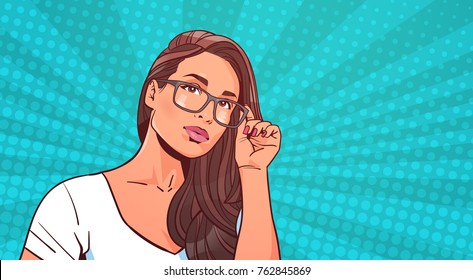 Portrait Of Beautiful Woman Wearing Glasses Over Retro Pop Art Background Attractive Female With Long Hair Vector Illustration